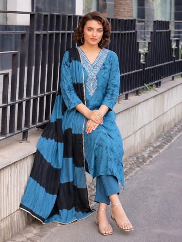 Image of ANNI Designer Kurta Sets for Women Cotton Blend Printed | Kurti Set for Woman | Kurta Pant Dupatta Set | 3 Piece Set Women | Straight Kurti | V Neck 3 /4 Sleeve Suit Set Stylish Ethnic Outfit Clothing