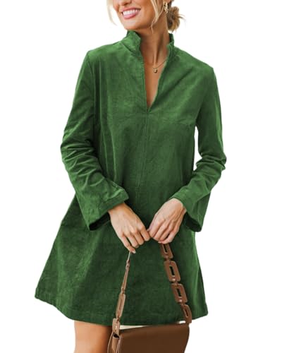 EZAPINE Damen Cordkleid V-Ausschnitt Langarm Casual Vintage Retro A-Linie Minikleider, Grün, X-Groß