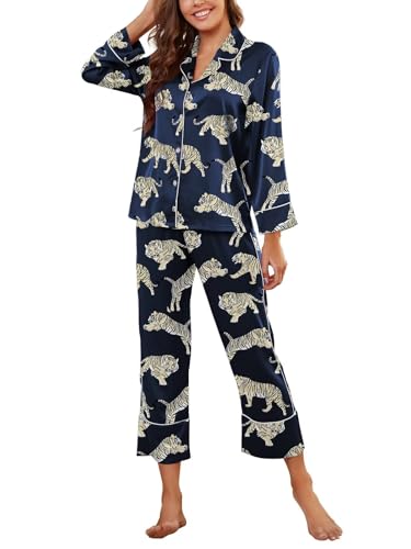 Image of Brosloth Women's Silk Satin Pajamas Pjs Sets Cute Lace Pattern Two Piece Loungewear Set Button Up Pajamas Sleepwear Black