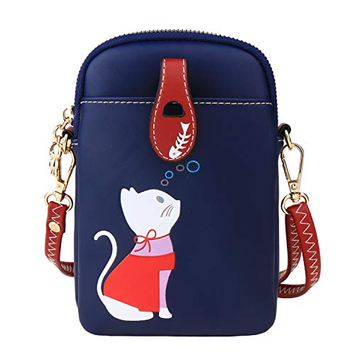 Small Crossbody Bag for Women Leather Lightweight Cute Cat Cell Phone Purse with Crossbody Strap Navy Blue