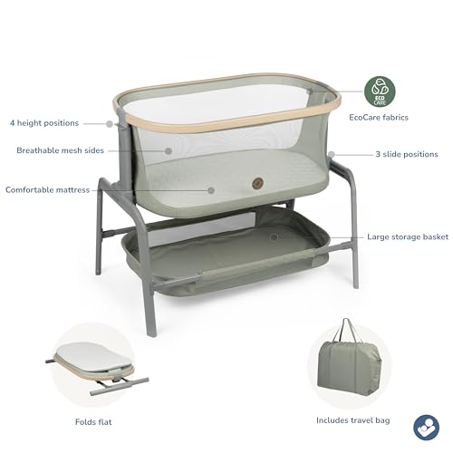 Image of Maxi-Cosi Iora Baby Bassinets Bedside Sleeper, Portable Bassinet, Infant Bedside Sleeper Crib, Height Adjustable, Breathable Mesh, Large Storage Basket, Classic Green