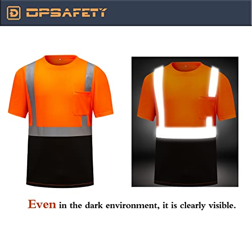 Dpsafety High Visibility Shirts Quick Dry Safety T Shirts With Reflective Strips And Pocket Short Sleeve Mesh Hi Vis Construction Work Class 2 Shirt For Men/Women Black Bottom Orange,Large #TOP4