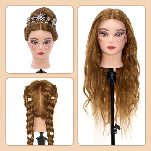 Neverland Beauty 71 cm Trainingskopf mit 60% Echthaar, Friseur-Mannequin-Kopf, Kosmetologie-Puppenkopf mit Tischklemme und Friseur-Werkzeug-Set, Glatt, Menschliches Haar , Einnähen Gold