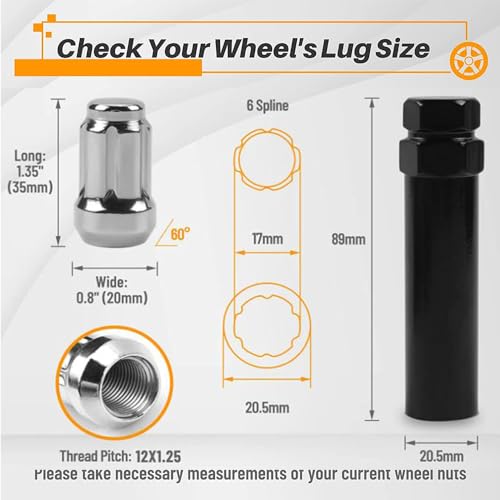 Image of 24pcs M12x1.25 Lug Nuts, Chrome Closed End Spline Lug Nuts with 1 Socket Key Compatible with 2005-2015 Armada,2004-2019 Titan,1995-2004 Pickup Aftermarket Wheel