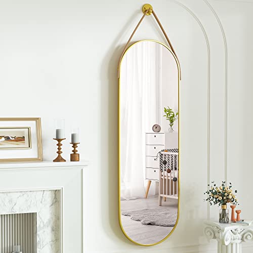 Harritpure Full Length Mirror Oval Hanging Mirror 16"X48" With Leather Strap Aluminum Frame Wall-Mounted Hanging Mirrors For Bathroom Vanity Living Room Bedroom Entryway, Gold #TOP5