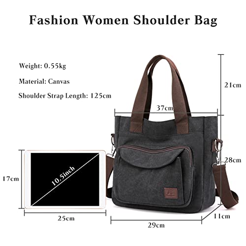 PORRASSO Women Crossbody Bag Canvas Shoulder Bag Tote Ladies Handbag Satchel Messenger Bag for Shopping Travel Work Daily Use Black3