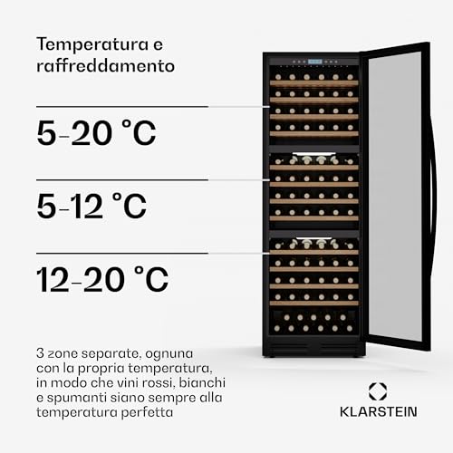 Klarstein Vinovilla Trio - Frigorifero per vini | 144 bottiglie | 3 zone | 38 dB | 12 ripiani | Compressore | 413 litri - 4