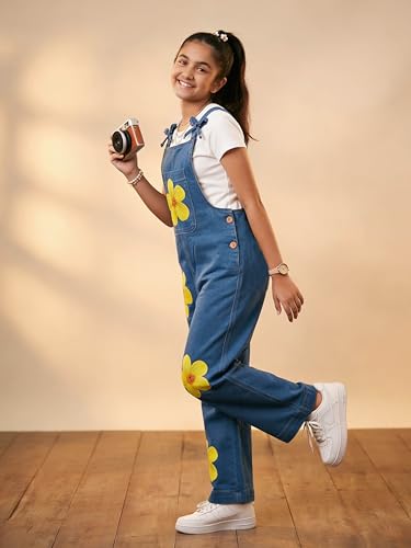 Image of KiddoPanti Girls Denim Dungaree Pant | Cotton Blend Stretch Jumpsuit | Single Front Pocket | Stylish Casual Kids Dungaree | Comfortable Everyday Wear 1-14 Years