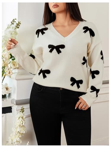 Image of RoseSeek Women's Plus Size Bow Sweaters V Neck Long Sleeve Knit Pullover Tops Soft Knitwear