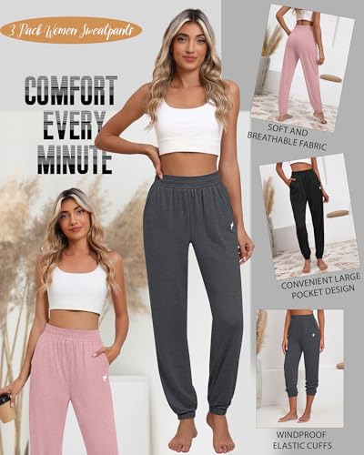 Ficerd 3 Pack Women Sweatpants Trendy Loose Fit Joggers Elastic Sporty Pants Athletic Baggy Lounge Trousers with Pockets4