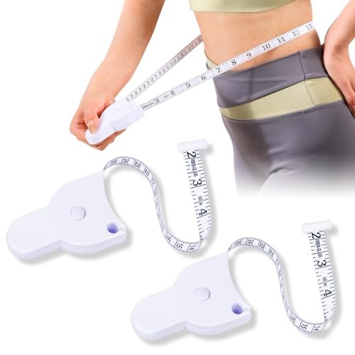 Cinta métrica corporal, paquete de 2 cintas métricas retráctiles para medidas corporales, con mecanismo de bloqueo y botones, cinta métrica automática para fitness y corte, color blanco