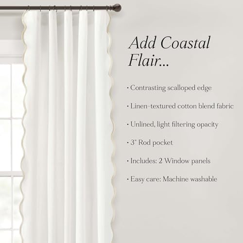 Image of Lush Decor Coastal Chic Scalloped Edge Light Filtering Window Curtain Panels Pair, 52 inch W x 84 inch L, Neutral & White - White Curtains for Living Room - Coastal Decor