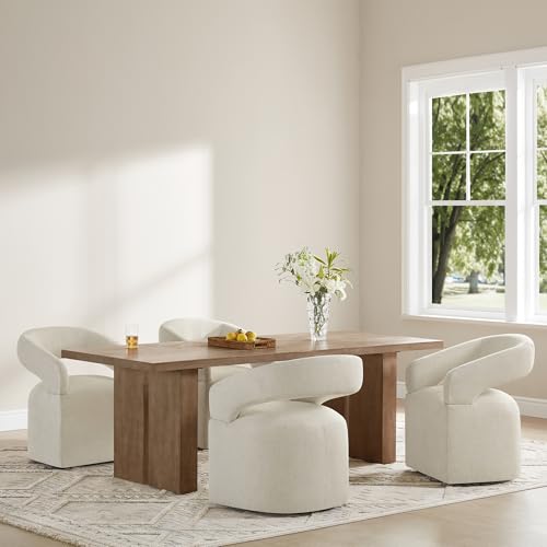 Image of KISLOT Upholstered Dining Chairs Set of 4, Modern Rolling Dining Chairs with Hidden Casters, Arm Kitchen Chairs with Linen Look Fabric, Padded Barrel Chairs for Dining Room, Kitchen, Cream Beige