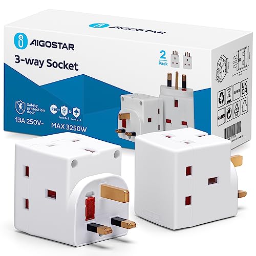 3 Way Plug Adapter UK, Aigostar 3 Pin Plug Adapter 3 Way 13Amp Wall Socket Adapter, Multi Plug Extender Socket Splitter Extension Block for Kitchen, Home, Office, White