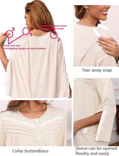 Liokoc Hospital Gowns for Women Tear Away Snap 3/4 Sleeve Open Back Post Shoulder Surgery Dresses Delivery Nightgown S-3XL Apricot