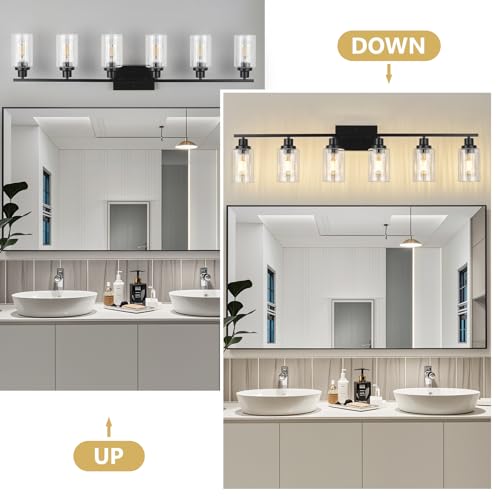 Image of Jonsi Modern Black Bathroom Light Fixtures, 6-Light Modern Black Vanity Light, Bathroom Vanity Light with Stripe Glass Shade, E26 Wall Sconces Over Mirror for Bathroom, Living Room, Hallway