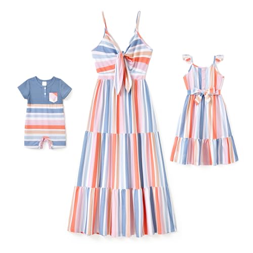 Image of IFFEI Family Matching Outfits Mommy and Me Dresses Spaghetti Strap Stripe Print Summer Casual Dresses