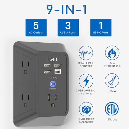 Surge Protector Outlet with 5-Multi Plug Outlet and 4 USB Ports (1 USB C), 3-Sided 1680J Power Strip Wall Charger for Home, Travel, Office - ETL Listed, Black