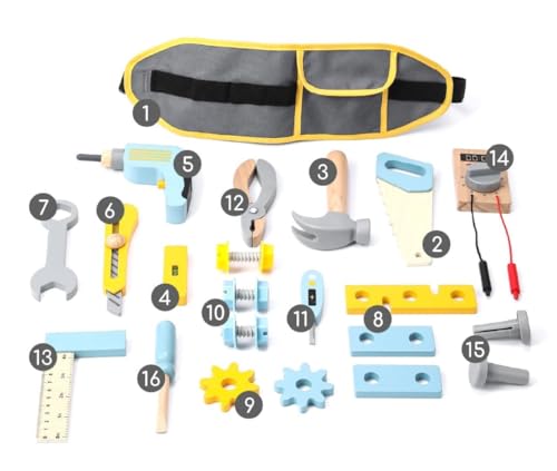 Image of Wudly Wooden Tool Kit with Belt Toy - Ideal Toys for 4 Year Boy, Construction Toys, Montessori Toys for 3 Year Old, Tool Kit for Kids, Wooden Toys for Kids 2 Years