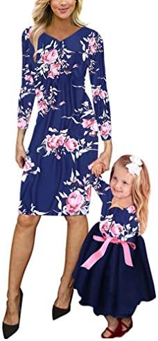 Mommy and Me Floral Printed Long Sleeve Tulle Dress Family Matching V Neck Maxi Dress for Mother and Daughter (Blue Floral, Daughter/0-1T)