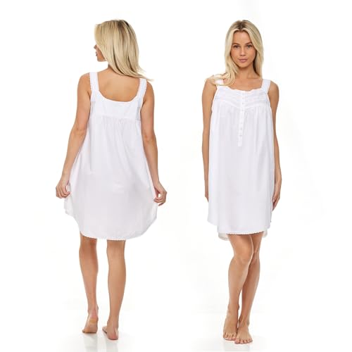 Alexander Del Rossa 100% Cotton Nightgowns for Women, Sleeveless Lace Trimmed Button Up Short Vintage Night Dress Gown2