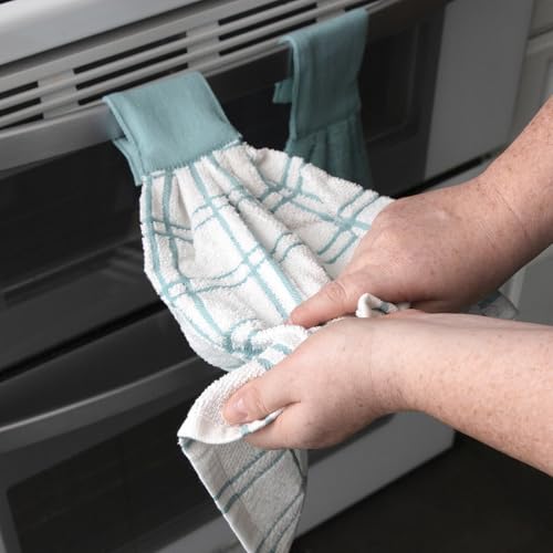 Image of Ritz Premium 100% Cotton Solid and Multi Check Kitchen Tie Towel, Absorbent, Super Soft, and Fast Drying Hang Towel, Set of Two, Dew