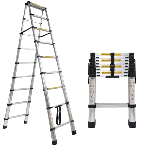 8.53 FT A-Frame Aluminium Telescoping Ladder,9+9 Step Ladder,330LB Load Capacity,Portable Telescopic Folding Extension Ladder Heavy Duty Collapsible (2.6m+2.6m/8.53FT+8.53FT A Frame)