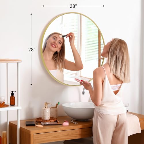Image of Sweetcrispy 28in Gold Round Bathroom Mirrors for Wall, Bathroom Mirrors for Over Sink, Wall Decor for Bathroom, Entryway, Bedroom, Vanity