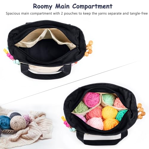 Image of MYBAGZING Canvas Yarn Storage Organizer Bag Washable Crochet Bag with Pockets for Yarn, Hooks, Needles - Travel Knitting Tote for Crafters - Gift for Crocheters & Knitters (Medium /Large)