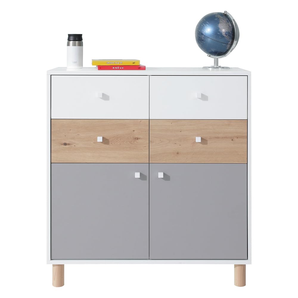 Lomadox Jugendzimmer Kommode Sideboard in weiß mit Eiche und grau