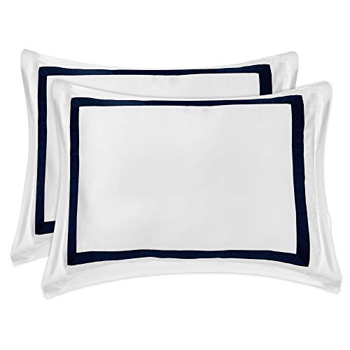 Bioweaves 100% Organic Cotton Banded Pillow Shams Soft Sateen Weave Gots Certified – Standard/Queen Size, Set Of 2, White & Navy #TOP7
