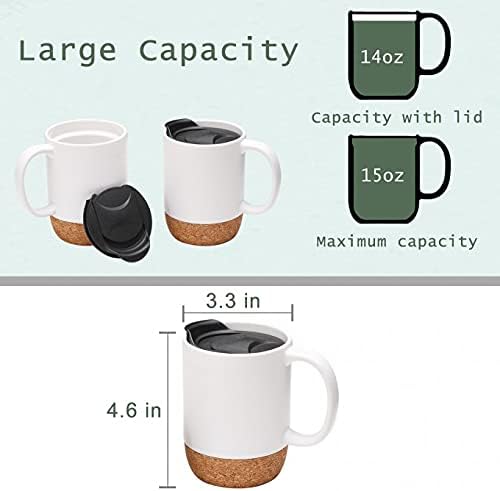 Miniatura 2 de AceElite Juego de 2 tazas de café grandes de 15 onzas con asa para té, taza de cerámica con fondo de corcho y tapa, tazas de café para mujeres y