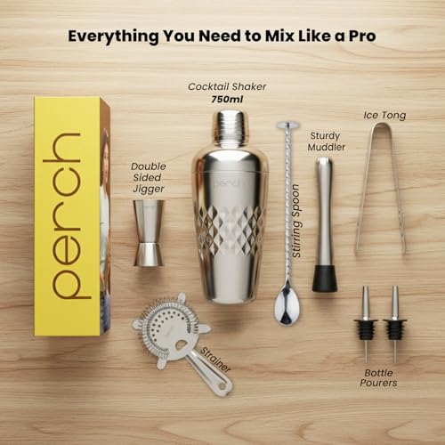 Image of O' Holic by Perch Craft 8-Piece Stainless Steel Bartender Kit|Premium Cocktail Shaker Set with Jigger 30 /60ml, Spoon,Pourer,Ice Tong, & Bar Tools|Professional Bar Set for Home &Tour Parties|Silver