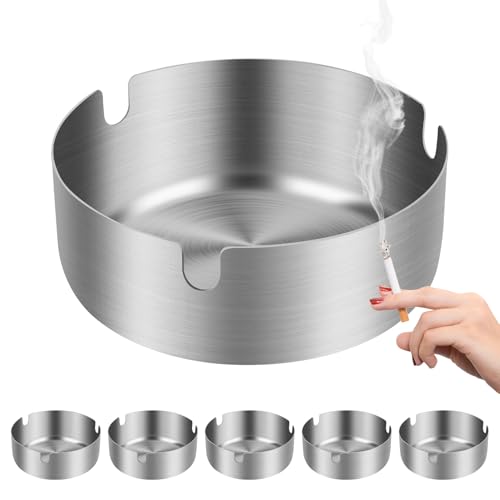 6 Pcs Cenicero Exterior, Ceniceros de Acero Inoxidable, 8 cm Cenicero de Mesa portátil moderno para exteriores, hogar, oficina y uso en interiores y exteriores (plateado)