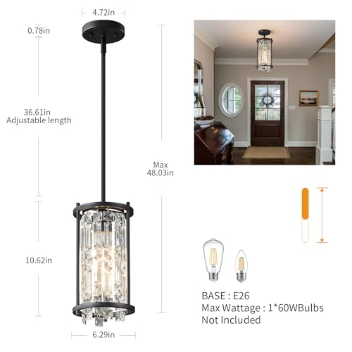 Image of LMQNINE Modern Black Pendant Light Fixtures for Kitchen Island, Crystal Chandelier Lights Fixture, Adjustable Farmhouse Pendant Lighting for Dining Room Bedroom (Round 1-Light)