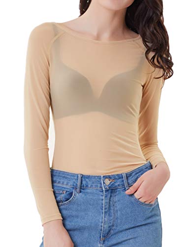 GRACE KARIN Women's Long Sleeve Mesh Sheer Top Tee Clubwear Size M Nude CL046-3