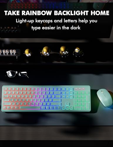 Image of Wireless Keyboard and Mouse Combo - RGB Backlit, Rechargeable & Light Up Letters, Full-Size, Ergonomic Tilt Angle, Sleep Mode, 2.4GHz Quiet Keyboard Mouse for Mac, Windows, Laptop, PC, Mint Green