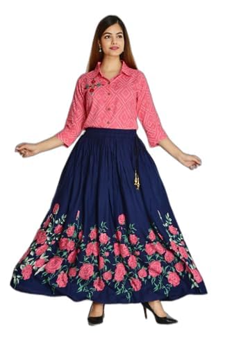 alasha Women's Rayon Floral Printed Blue Skirt Pink Top & Skirt Set 3/4 Sleeves Pattern-picture-36