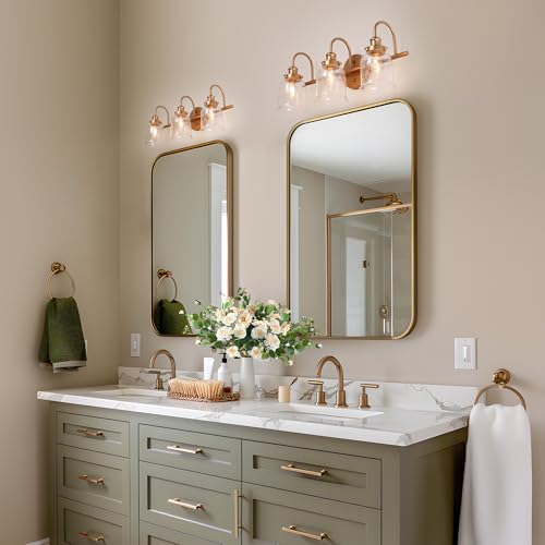 Image of KSANA Gold Bathroom Light Fixtures, Modern 3 Lights Vanity Light with Seeded Glass Shade Over Mirror for Powder Room, Bedroom and Dressing Area