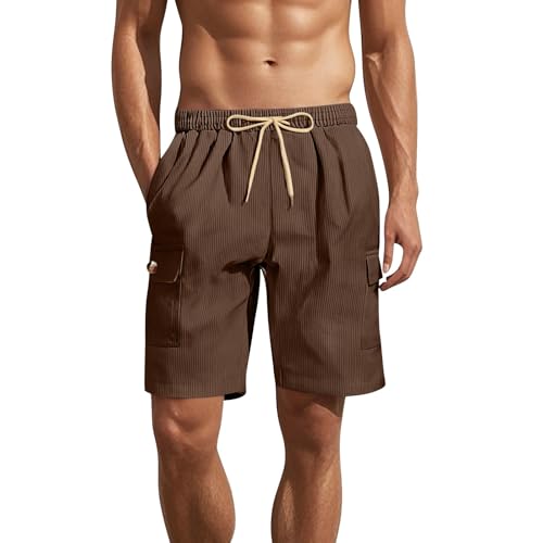 Vhersily Pantalones cortos deportivos para hombre de cintura media, de algodón y lino cargo, pantalones cortos de verano, pantalones cortos de cintura elástica con bolsillos, anchos, informales de