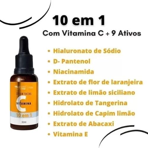 Kit 2 Unidades - Sérum Facial Vitamina C, 10 em 1, Pele Hidratada, Macia e Iluminada, 30ml, Max Love