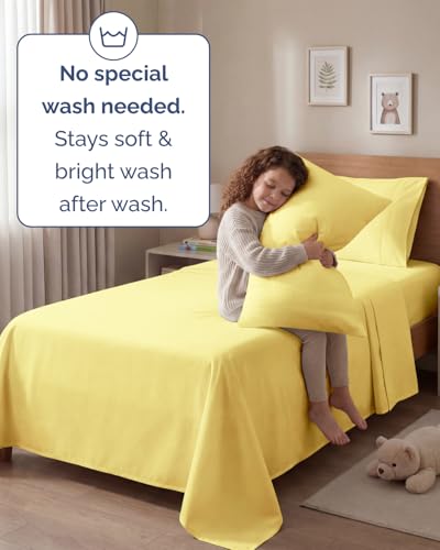 Image of Twin 4 Piece Bed Sheet Set - Comfy, Breathable & Cooling Sheets - Yellow | Ultra Soft Hotel Luxury Bedding Set with 8-16 Inch Deep Pockets, 1 Flat & 1 Fitted Sheet & 2 Pillowcases, Wrinkle & Fade Free