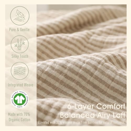 Image of Ultra Soft Muslin Baby Blanket - Made with Organic Cotton, Reversible Rainbow Print & Coffee Striped Jacquard, Swaddle & Crib Quilt, 43x43 Inches (Rainbow Border)