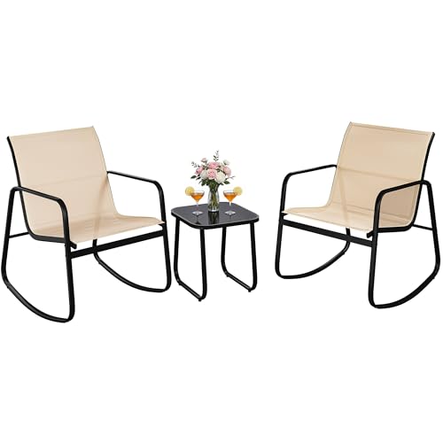 YITAHOME 3 Piece Patio Furniture Set, Small Outdoor Conversation Set with Textilene Fabric Bistro Rocking Chairs and Glass Table for Balcony Backyard
