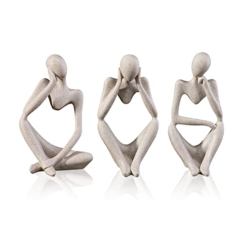 3Pcs Sandstone Thinker Statue Set, Modern Home Decor Abstract Art Sculpture, Small Collectible Figurines For Bookshelf Office Living Room Coffee Table Decor #TOP3