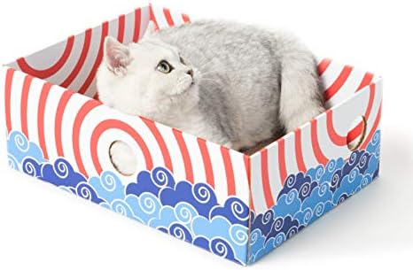 Conlun Cat Scratcher Box with Cat Scratching Board- Portable Cardboard Lounger for Feline Pet - Heavy-Duty Double-Sided Cardboard Cat Scratchers and Interactive Hole Design-34x24x12cm-Red-Medium
