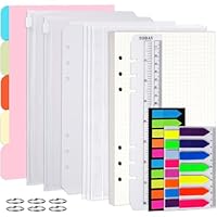 Vicloon Nachfüllbare Notizpapier Set, 115pcs 6 Löcher Ringbuch Nachfüllbar A5 Nachfüllpapier Kariert, Loseblatt Papier Set mit Trennblätter, Haftnotizen Bunt, Umschlägbeutel, Lineal, Metallringe