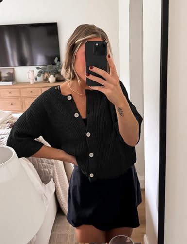 Women's Lightweight Cardigan Sweater Short Sleeve Button Down Crop Sweater Knit Casual Sweater Top 5