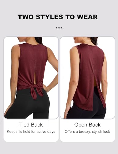 Image of MAGCOMSEN Workout Tank Tops Woman Summer Open Back Yoga Athletic Shirts Sleeveless Tie Back Loose Fit Gym Muscle Tank