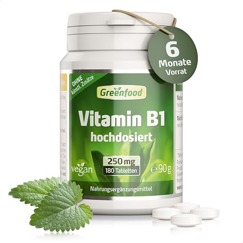 Vitamin B1, hochdosiert, 250mg - 180 Tabletten, vegan. Vitamin B 1 (Thiamin) - wichtig für für Nervensystem & Energiehaushalt. OHNE künstliche Zusätze - laborgeprüft. Von Greenfood.